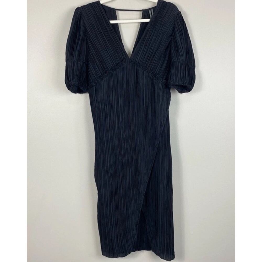 Anthropologie V-Neck Pleated Slim Midi Dress Womens S Black Open Back Cut Out - Picture 4 of 8